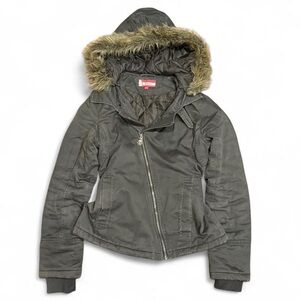 Y2K Groggy Faux Fur Hooded Asymetrical Moto Bomber Jacket